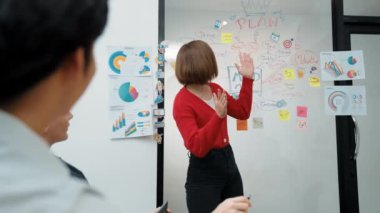 Yetenekli genç ve güzel iş kadını, yaratıcı iş toplantısında yakışıklı yönetici dinlerken zihin haritalama ve istatistiksel grafik kullanarak pazarlama fikrini kendine güvenle sunuyor. Tertemiz..