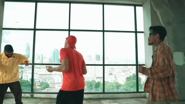 多元文化的嬉皮士团体一边欣赏相机 一边在有天窗或城市景观的建筑物前跳霹雳舞 街头舞蹈队观看舞蹈表演 户外运动2024 — 图库视频影像