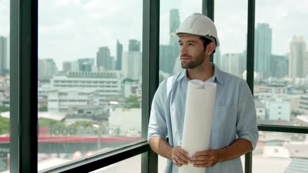 Professional Engineer Smiling While Looking Skyscraper View Skilled Architect Casual — Stock Video