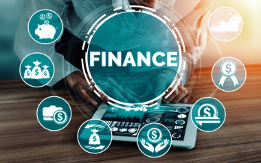 Finans ve Para İşlem Teknolojisi Konsepti. Modern bilgisayar uygulamasında fintech ticaret alışverişini, kar istatistik analizini ve piyasa analisti hizmetini gösteren simgesel grafik arayüzü. uds