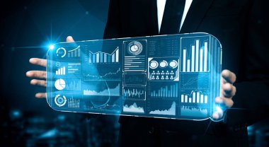 İş Mali Analitik Konsepti için Büyük Veri Teknolojisi. Modern arayüz ekranda iş satış raporları, kâr tablosu ve borsa eğilimleri analizleri hakkında muazzam bilgiler gösteriyor. uds