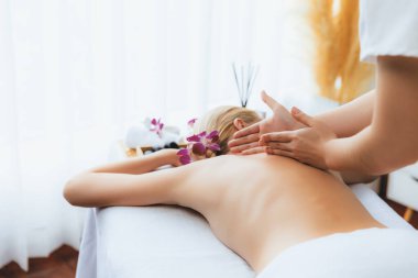 Kafkasyalı kadın müşteri stres önleyici spa masajının keyfini çıkarıyor ve lüks otel ya da oteldeki gündüz açık ortam güzellik salonunda güzellik teniyle eğleniyor. Sessiz.