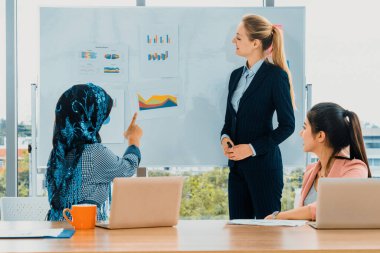 Çok kültürlü çalışma grubu. Farklı etnik kökenden iş kadınları, Kafkasyalı, Asyalı ve Araplardan oluşan bir ekip ofiste dizüstü bilgisayarla birlikte çalışıyor. Çok ırklı takım çalışması konsepti. uds