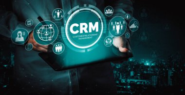 İş satış pazarlama sistemi konsepti için CRM Müşteri İlişkileri Yönetimi CRM veritabanı analizini desteklemek için hizmet uygulamasının fütüristik grafik arayüzünde sunulmuştur. uds