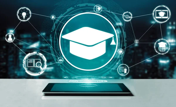 E- öğrenim ve Öğrenci ve Üniversite Konsepti Online Eğitim. Dijital eğitim kursunun teknolojisini gösteren grafik arayüzü insanların her yerden uzaktan öğrenmelerini sağlıyor. uds