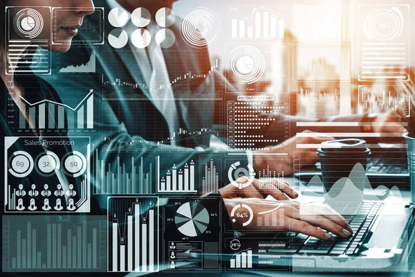 Big Data Technology for Business Finance Analytic Concept. Modern interface shows massive information of business sale report, profit chart and stock market trends analysis on screen monitor. uds