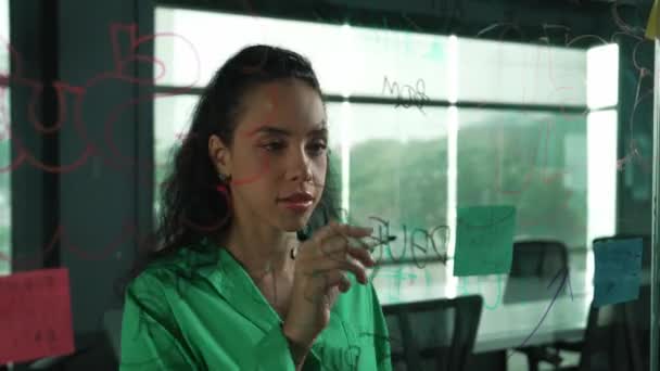 Porträtt Smart Professionell Latinamerikansk Affärskvinna Skriver Marknadsföringsidéer Glasskiva Med Färgglada — Stockvideo