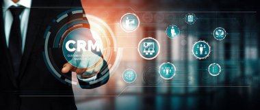 İş satış pazarlama sistemi konsepti için CRM Müşteri İlişkileri Yönetimi CRM veritabanı analizini desteklemek için hizmet uygulamasının fütüristik grafik arayüzünde sunulmuştur. uds