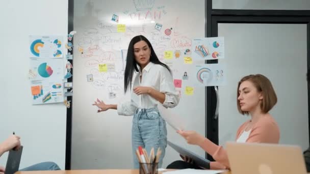 Επαγγελματική Γυναίκα Ηγέτης Παρουσιάζει Δημιουργικό Σχέδιο Μάρκετινγκ Χρήση Brainstorming Χαρτογράφηση — Αρχείο Βίντεο