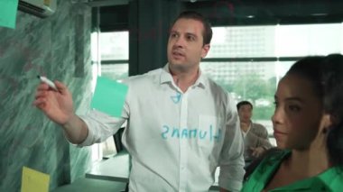 Yetenekli işadamı, cam duvara renkli yapışkan notlar yapıştırarak proje yöneticisine pazarlama fikrini sundu. Proje yöneticisi yatırımcıya projeyi gösteriyor, anlatıyor, gösteriyor. Yönlendirici.