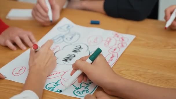 비즈니스 사람들의 브레인 스토밍의 테이블에서 마음지도와 다채로운 마커를 마케팅 아이디어에 — 비디오