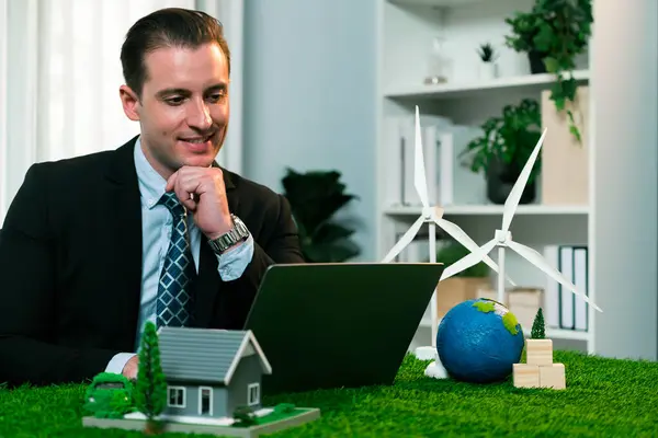 Businessman Planning His Laptop Implementation Clean Sustainable Energy Reduce Co2 — Stock Photo, Image