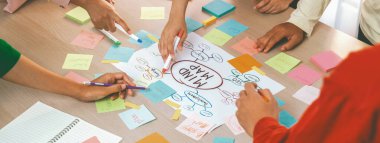 Profesyonel başlangıç grubu zihin haritası kullanarak yaratıcı pazarlama fikrini paylaşıyor. Genç yetenekli iş adamları yapışkan notlar yazarken beyin fırtınası planı yapıyorlar. Eline odaklan. - Yakın çekim. Değiştirilmiş.