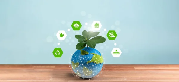Eco world and green Earth day concept, Earth globe with young tree planted on top and eco-friendly design icon symbolize environmental protection technology for sustainable future. Panorama Reliance
