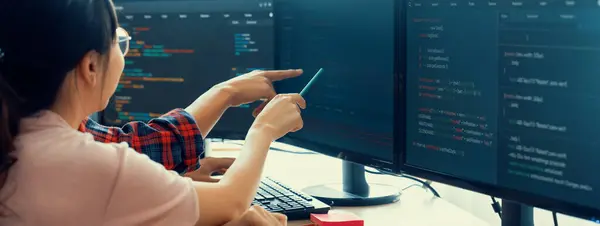 Kadın Programcı Bilgisayarda Gösterilen Kodu Işaret Ederken Açıklıyor Profesyonel Programcı — Stok fotoğraf