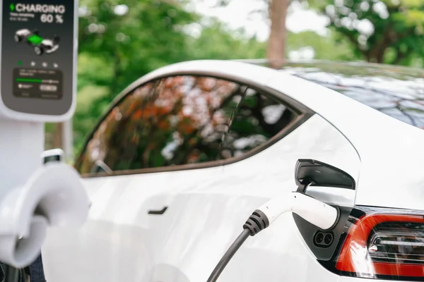 Чоловік Заряджає Батарею Електромобіля Під Час Дорожньої Подорожі Автомобіль Автономному — стокове фото