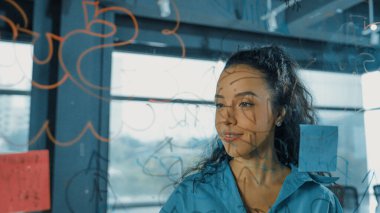 Genç İspanyol çalışanlar renkli yapışkan notlar yazıyorlar. Akıllı iş kadını pazarlama fikrini, beyin fırtınası stratejisini, iş planını paylaşıyor. Proje yöneticisi zihin haritası çiziyor. - Yakın çekim. Yönlendirici.