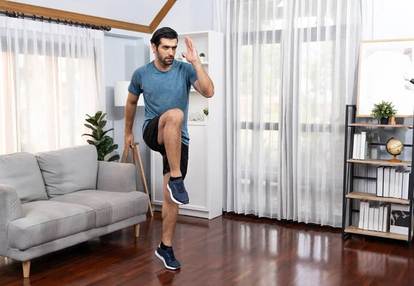 Athletic Sporty Man Running Posture Home Body Workout Exercise Session — Stock Photo, Image
