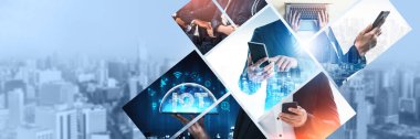 İletişim teknolojisi, akıllı bağlantı IOT ve insan ağ teknolojisi kavramı. Güvenli internet ağına ve bulut hesaplama sunucularına bağlanmak için bağlantı aygıtı kullanan insanlar