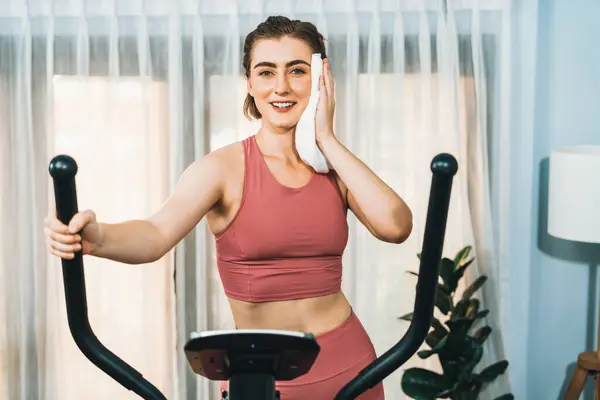 Athletic Sporty Woman Running Elliptical Running Machine Home Body Workout — Stock Photo, Image