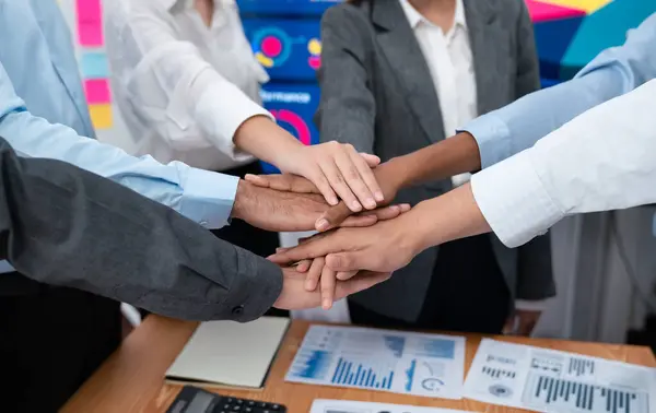 Multiracial office workers hand stack shows solidarity, teamwork and trust in diverse community. Businesspeople unite for business success through synergy and collaboration by hand stacking. Concord