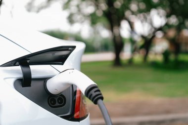 Açık yeşil şehir parkı manzarasındaki EV şarj istasyonundan EV elektrikli araç şarj oluyor. Çevre dostu EV araba yolculuğuyla doğal koruma. Yükselt