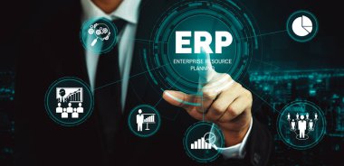 Ticari kaynaklar için Enterprise Resource Management ERP yazılım sistemi modern grafik arayüzünde sunulmuştur. Şirket kaynaklarını yönetmek için geleceğin teknolojisini göstermektedir. uds