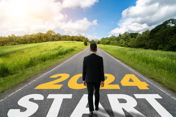 2024 New Year Journey Future Vision Concept Businessman Traveling Highway — Stock Photo, Image