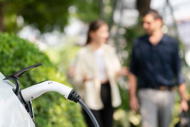 Genç çift, baharda açık yeşil şehir parkındaki şarj istasyonundan elektrikli araba aküsünü şarj ediyor. Sürdürülebilir çevre dostu şehir seyahati için şarj edilebilir EV araba.