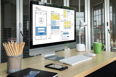 Model mobil uygulama ve web sitesi için UX UI tasarım süreci. Profesyonel uygulama geliştiricisi için kablo grafiğinin yaratıcı prototipi .