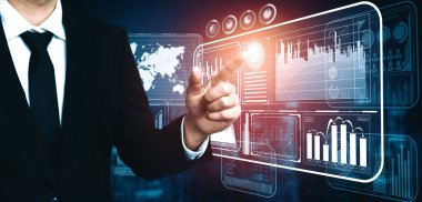 İş Mali Analitik Konsepti için Büyük Veri Teknolojisi. Modern arayüz ekranda iş satış raporları, kâr tablosu ve borsa eğilimleri analizleri hakkında muazzam bilgiler gösteriyor. uds