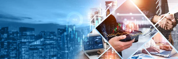 未来商业数字金融数据技术概念对未来大数据分析和商业智能研究的影响 商人分析者投资决策的全景横幅库 — 图库照片