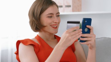 Kadın alışverişi ya da internet pazarında online ödeme modern yaşam tarzı için satış öğeleri arama ve prim siber güvenlik yazılımı tarafından korunan cüzdan çevrimiçi ödeme için kredi kartı kullanma