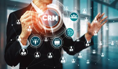 İş satış pazarlama sistemi konsepti için CRM Müşteri İlişkileri Yönetimi CRM veritabanı analizini desteklemek için hizmet uygulamasının fütüristik grafik arayüzünde sunulmuştur. uds