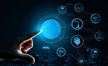 Fütüristik endüstri 4.0 konsepti - Otomasyon tasarımı, robot işletimini gösteren grafik arayüzlü mühendislik, gelecekteki üretimler için makine derin öğrenim kullanımı. uds