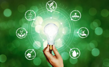 Gelecekteki güç üretimi ikon grafik arayüzü endüstrisine sahip yeşil enerji yenilik ampulü. Alternatif enerji ile sürdürülebilirlik gelişimi kavramı. uds