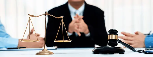 Focused Gavel Hammer Balance Scale Justice Blurred Background Lawyer Acting — Stock Photo, Image