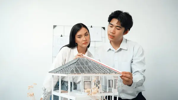 Professional Young Beautiful Architect Engineer Using Ruler Pencil Measuring Model — Stock Photo, Image