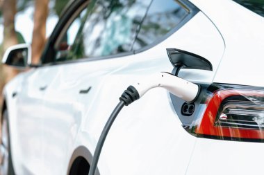 Kapalı EV şarj kolu fişe takıldı veya elektrikli arabaya bağlandı, EV araba aküsünü temiz çevre için sıfır CO2 emisyonu ile alternatif ve sürdürülebilir enerjiyle şarj etti. Kalıcı