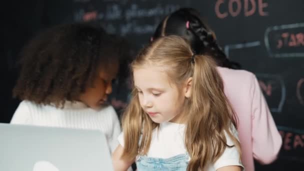 Smart Caucasian Girl Using Laptop Programing Engineering Code Writing Program — Stock Video