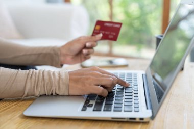 Çevrimiçi ödeme, bankacılık ve internet ağındaki alışveriş için kullanılan kredi kartını çevrimiçi güvenli cüzdan için kredi kartı teknolojisini gösteren dizüstü bilgisayarla kapat