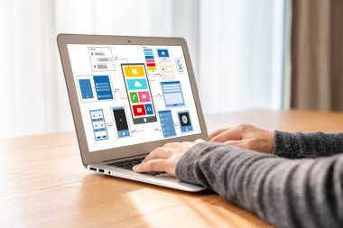 Model mobil uygulama ve web sitesi için UX UI tasarım süreci. Profesyonel uygulama geliştiricisi için kablo grafiğinin yaratıcı prototipi .