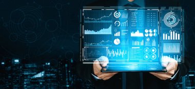 İş Mali Analitik Konsepti için Büyük Veri Teknolojisi. Modern arayüz ekranda iş satış raporları, kâr tablosu ve borsa eğilimleri analizleri hakkında muazzam bilgiler gösteriyor. uds