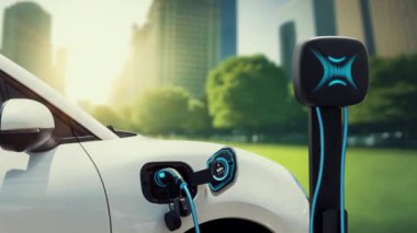 EV otomobili, elektrik yükleme istasyonuna bağlanarak yeşil parktaki EV şarj cihazının pil durumu hologramını şehrin gelecekteki ekolojik yaşam biçimi ve temiz enerjinin kullanımı olarak gösteriyor. İnceleyin