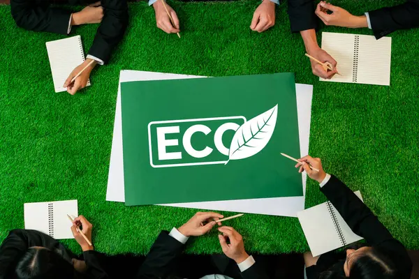 Top View Panoramic Eco Symbol Green Grass Table Business People — Stock Photo, Image