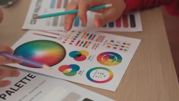 Hand Closeup Two Designer Brainstorming Choosing Color Graphic Design Working — Stock Video