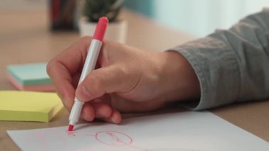 Yavaş çekim kapanış çalışanı stratejik pazarlama planı yapıyor ve toplantı odasındaki ofis masasına renkli yapışkan notlarla zihin haritası yapıyor. Değiştirilmiş