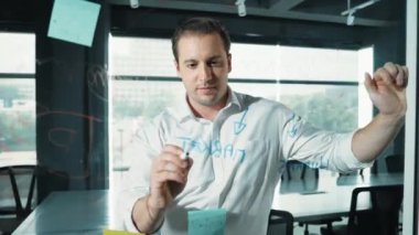 Profesyonel erkek lider yapışkan notlar üzerine pazarlama fikri yazıyor. Kafkasyalı işadamı cam duvarda renkli yapışkan notlar kullanırken pazarlama kampanyasını düşünüyor. - Yakın çekim. Yönlendirici.