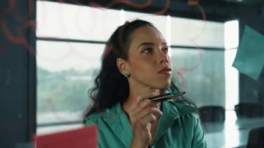 Zeki profesyonel İspanyol iş kadını renkli yapışkan notlarla cam tahtaya pazarlama fikirleri yazıyor. Genç çekici yönetici, analiz iş planının zihin haritasını çiziyor. - Yakın çekim. Yönlendirici.