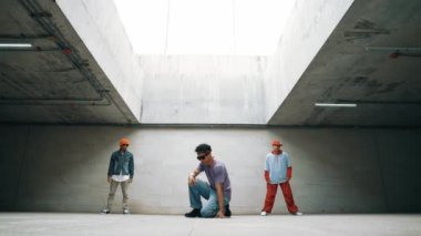 Bir grup havalı hipster birlikte dans ediyorlar. Mutlu break dansçılar, çok kültürlü arkadaşlarıyla dans ederek hip hop müziğinin keyfini çıkarırlar. Açık hava sporu 2024. Yumuşak bir şekilde..